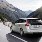 Rear view of Volvo V60 plug-in hybrid vehicle with integrated tail pipes
